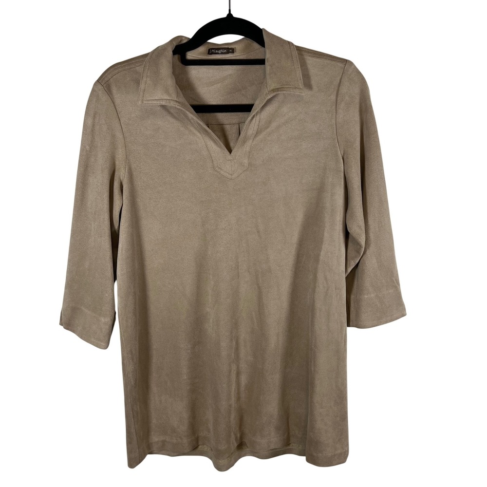 J.McLaughlin Womens Faux Suede‎ V-Neck Tunic Top Tan Beige 3/4 Sleeve Size M